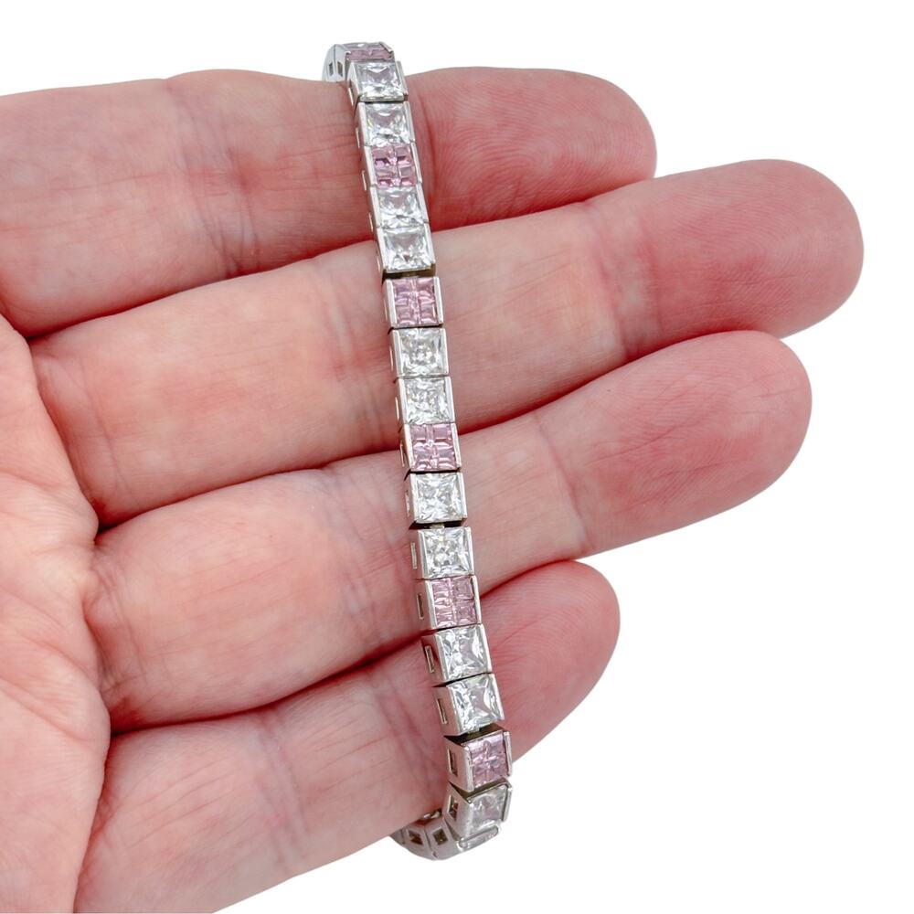 Sterling Silver 925 Clear and Pink Cubic Zirconia Tennis Bracelet 8 inch